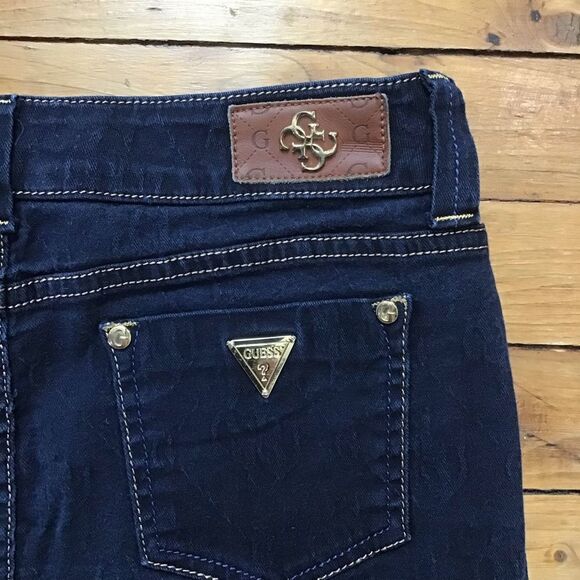 GOLD Premium Guess denim mini skirt dark blue gold sexy low rise in size 28 - Picture 5 of 16